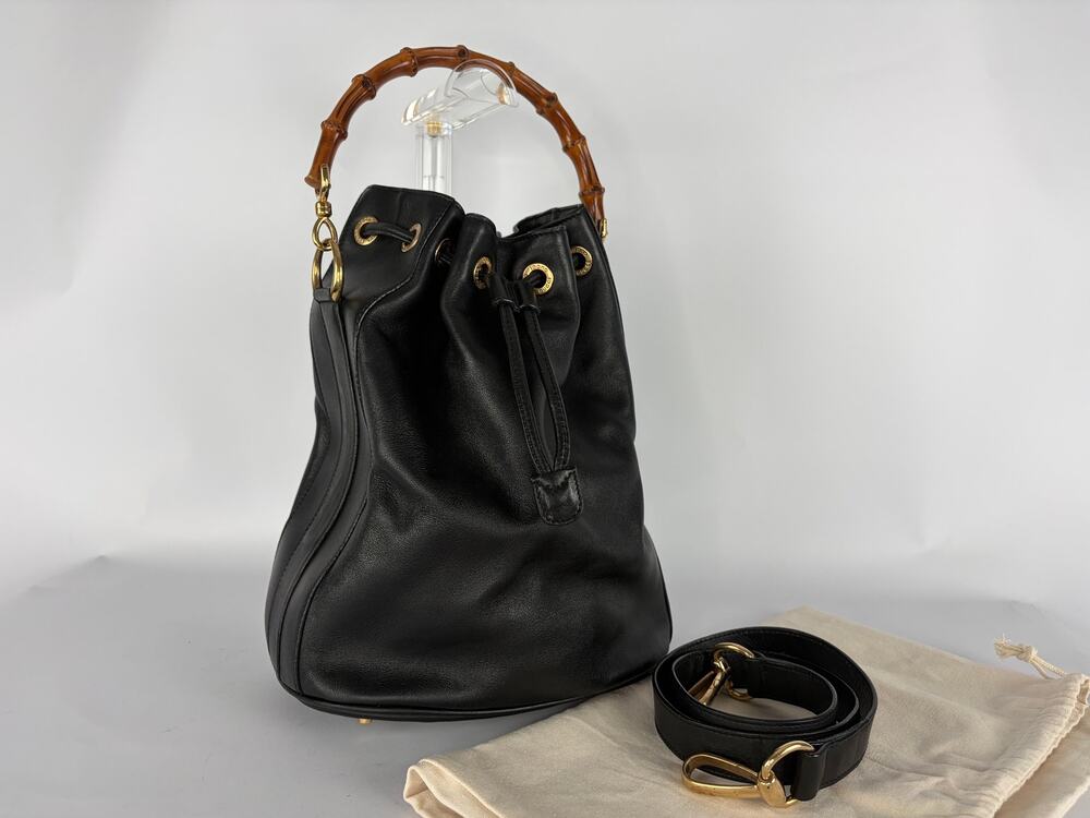 Gucci Bamboo Drawstring Bucket Bag Black Leather Shoulder Vintage